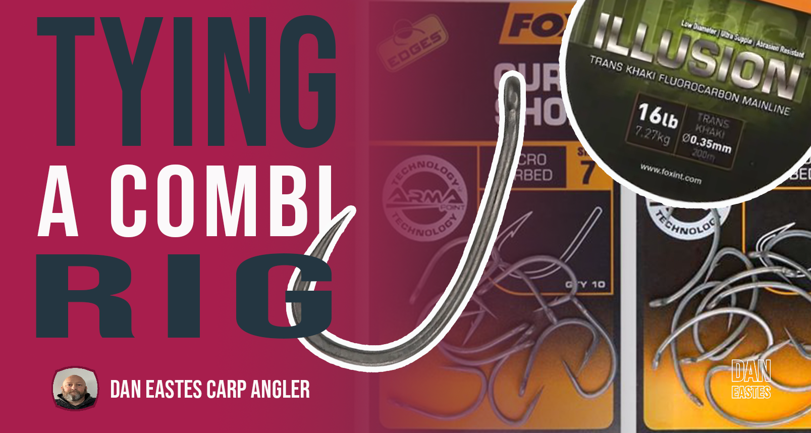 An instructional graphic showing materials needed for tying a Combi Rig for fishing. Includes hooks, fluorocarbon line, and text "Tying a Combi Rig" in large letters. The image also features packaging for the "Illusion" line rated at 16 lb.