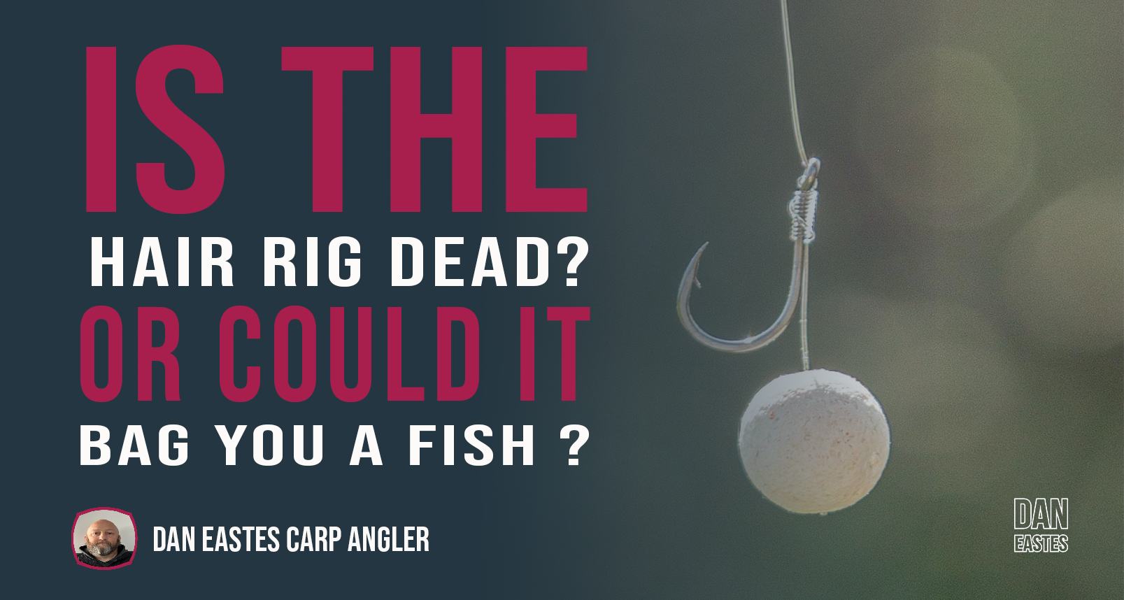 A fishing hook with bait is shown on the right side of the image. Large text on the left reads, "Is the basic hair rig dead? Or could it bag you a fish?" At the bottom left, there is a small photo of a man with the text, "DAN EASTES CARP ANGLER" next to it.