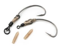 Two fishing hooks with brown, camouflage-style tubing and swivels attached, displayed on a white background. Alongside the hooks, there are two small, tan-colored cylindrical plastic sleeves—an ideal setup for learning how to tie a spinner rig.