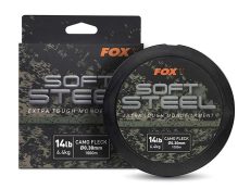 A spool of Fox Soft Steel extra tough mono fishing line next to its packaging. The label indicates it is 14lb (6.4kg) strength, 0.30mm diameter, and 1000m long. The label and packaging have a camouflage design with 