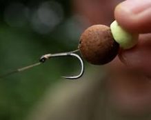 Close-up of a fishing hook baited with a brown, round bait ball and a small, light yellow ball. A person's fingers are visible holding the bait setup, with an out-of-focus green background. Is the basic hair rig dead? Or could it bag you a fish?