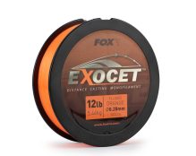 A spool of FOX Exocet Distance Casting Mono fishing line with fluoro orange color. The line has a 12 lb (5.44 kg) strength and a diameter of 0.28 mm. The spool contains 1000 meters of line, featuring a black edge and a brown and orange label.