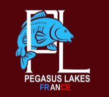 Logo for Pegasus Lakes France. A blue fish is integrated with the white letters 